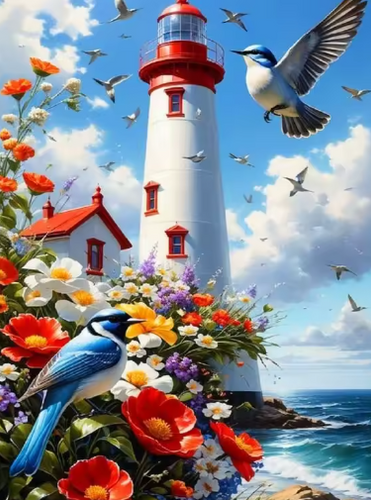 Diamond Painting - Vuurtoren met Vogels