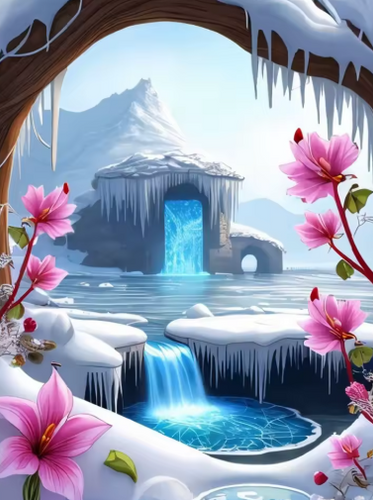 Diamond Painting - Watervallen in de Winter met Bloemen