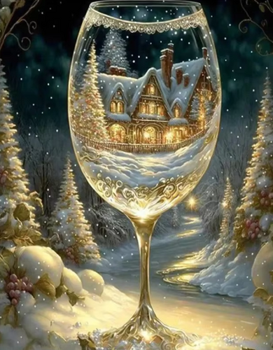 Diamond Painting - Wijnglas met Wintersfeer