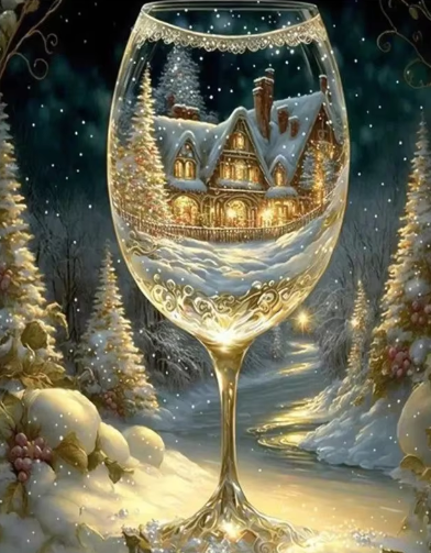 Diamond Painting - Wijnglas met Wintersfeer