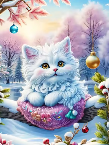 Diamond Painting - Witte Kat met Kerstballen