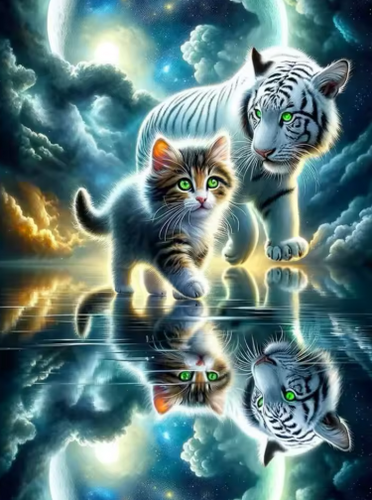 Diamond Painting - Witte Tijger met Kitten