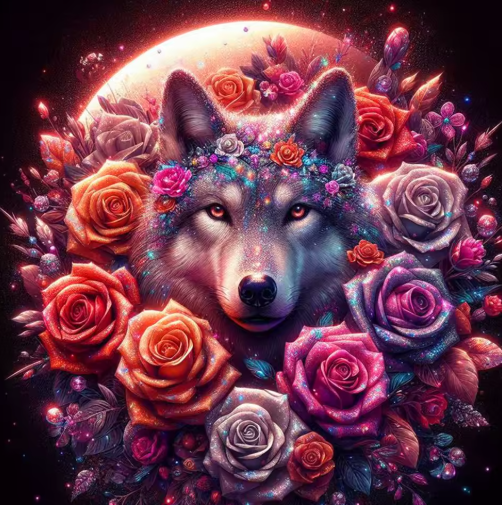 Diamond Painting - Wolf met Rozen