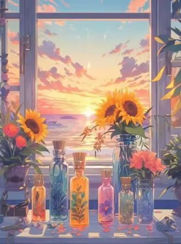 Diamond Painting - Zonnebloemen met Zonsondergang