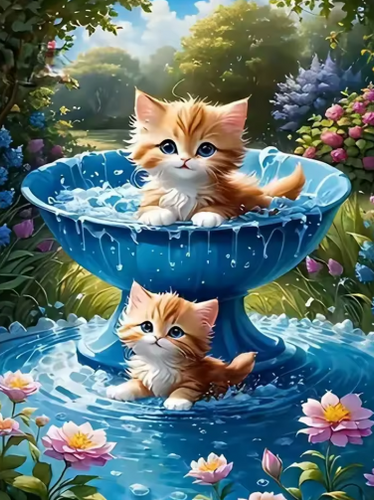 Diamond Painting - Katten in een Fontein