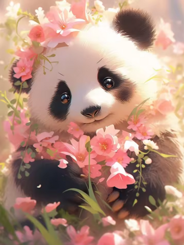 Diamond Painting - Panda tussen de Bloemen