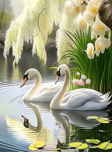 Diamond Painting - Zwanen met Bloemen