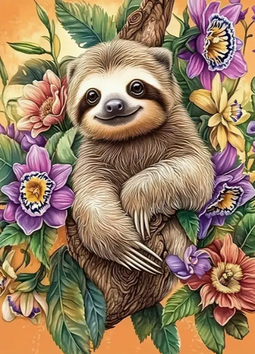 Diamond Painting - Luiaard met Bloemen