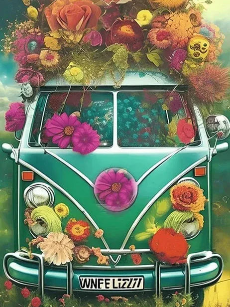 Diamond Painting - Groen Hippiebusje met Bloemen