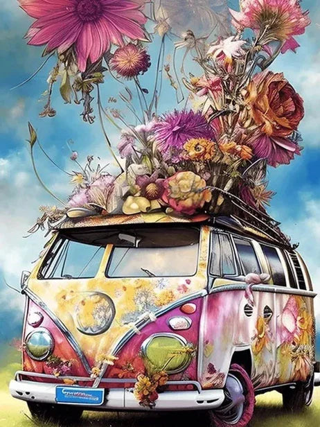 Diamond Painting - Hippiebusje met Grote Bloemen