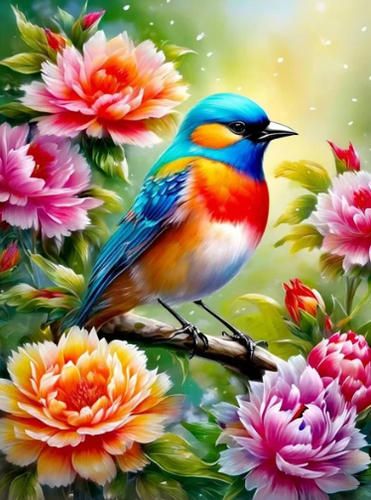 Diamond Painting - Vogel tussen de Pioenrozen
