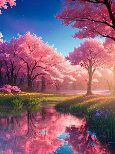 Diamond Painting - Bomen met Roze Bloesems