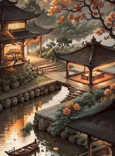 Diamond Painting - Tuin met Japanse Tempels