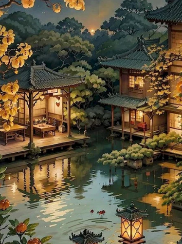 Diamond Painting - Japans Huisje aan het Water
