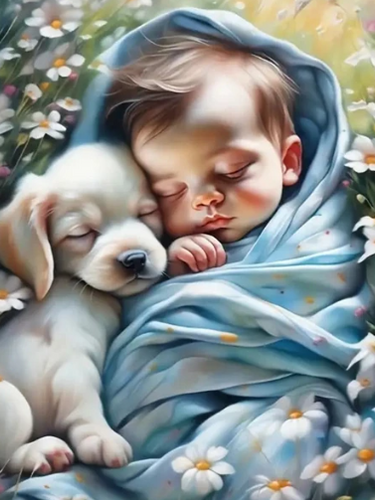 Diamond Painting - Slapend Kindje met Puppy