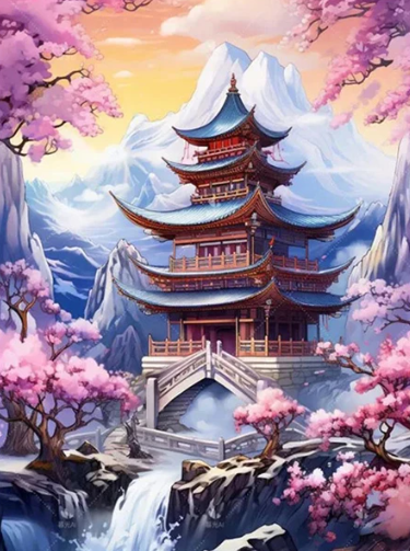 Diamond Painting - Tempel tussen de Bergen