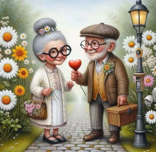 Diamond Painting - Opa en Oma tussen de Witte Bloemen