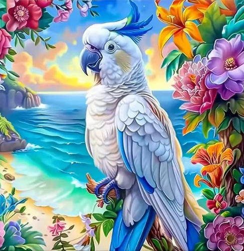 Diamond Painting - Witte Papegaai bij de Zee