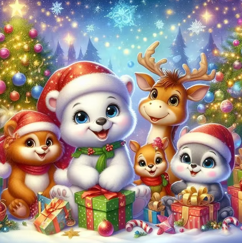 Diamond Painting - Dieren met Kerstcadeaus