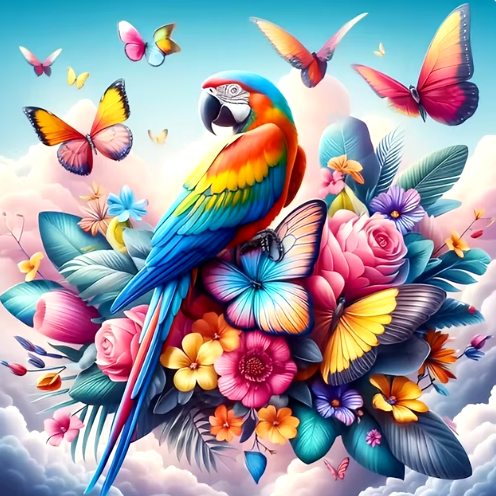 Diamond Painting - Papegaai met Vlinders