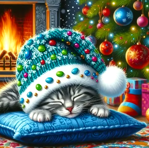 Diamond Painting - Kat met Kerstmuts