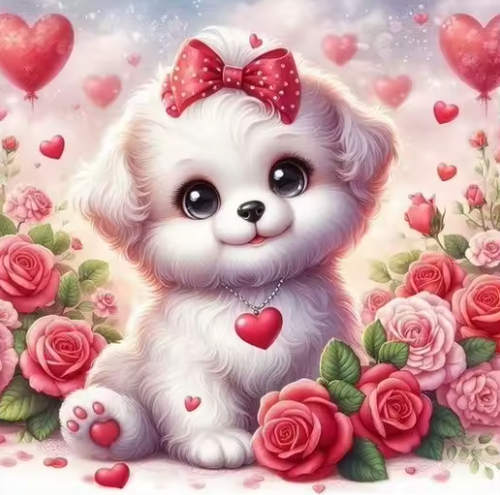 Diamond Painting - Puppy tussen de Rozen