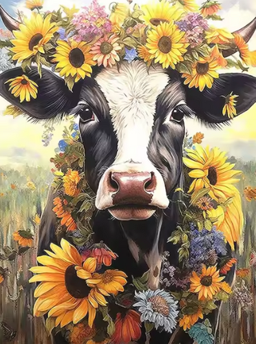 Diamond Painting - Koe met Zonnebloemen