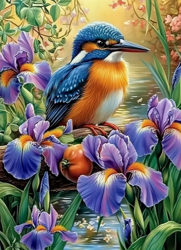 Diamond Painting - Ijsvogel tussen de Paarse Bloemen