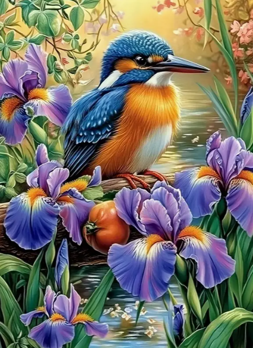 Diamond Painting - Ijsvogel tussen de Paarse Bloemen