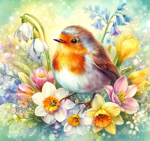 Diamond Painting - Roodborstje tussen de Narcissen
