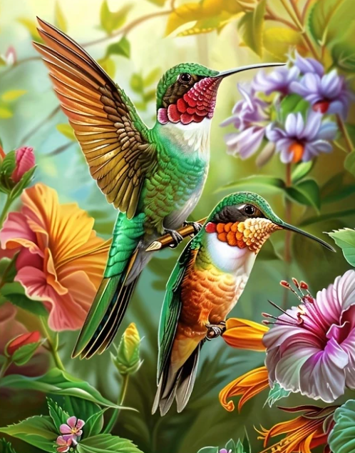 Diamond Painting - Kolibries tussen de Bloemen
