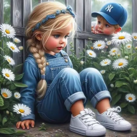 Diamond Painting - Meisje en Jongen met Madeliefjes