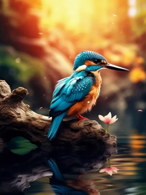 Diamond Painting - Ijsvogel met Roze Bloem
