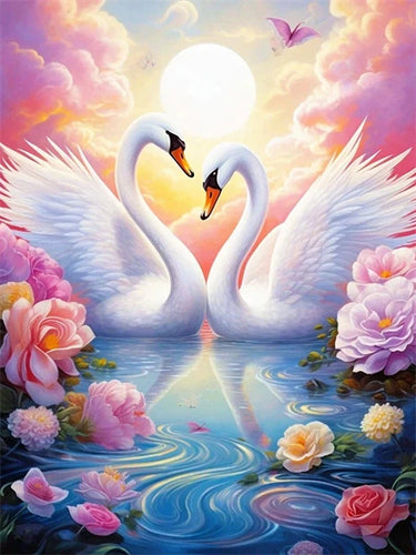 Diamond Painting - Zwanen met Zonsondergang