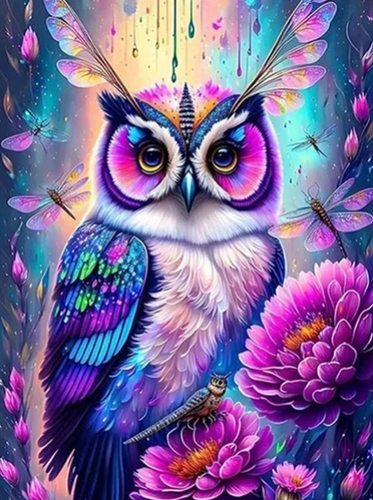 Diamond Painting - Uil met Paarse Bloemen