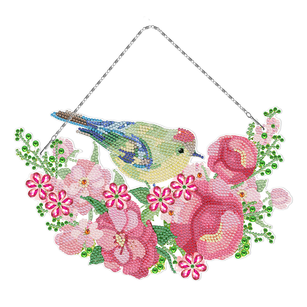 Diamond Painting - Vogel met Roze Bloemen Muurhanger
