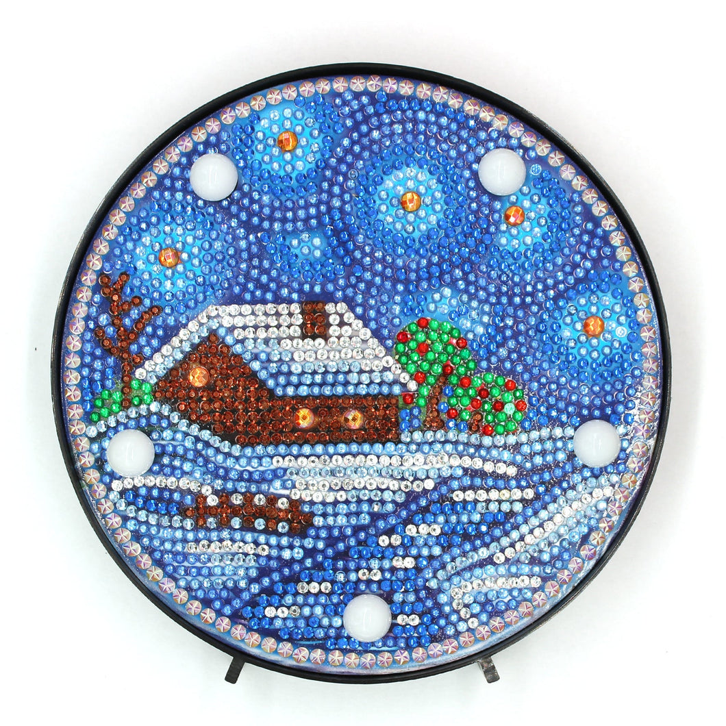 Diamond Painting Ronde Lampje - Huis in de Sneeuw