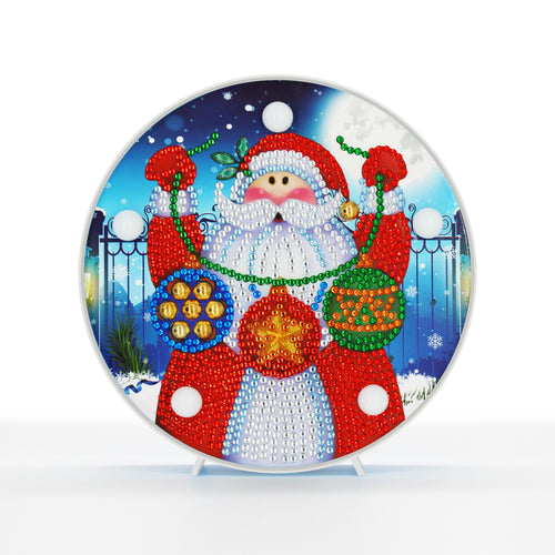 Diamond Painting Ronde Lampje - Kerstman met Kerstballen