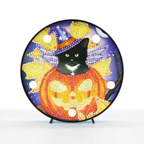  Diamond Painting Ronde Lampje - Halloween Zwarte Kat