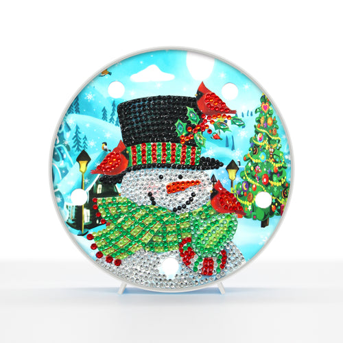 Diamond Painting Ronde Lampje - Sneeuwpop met Vogels