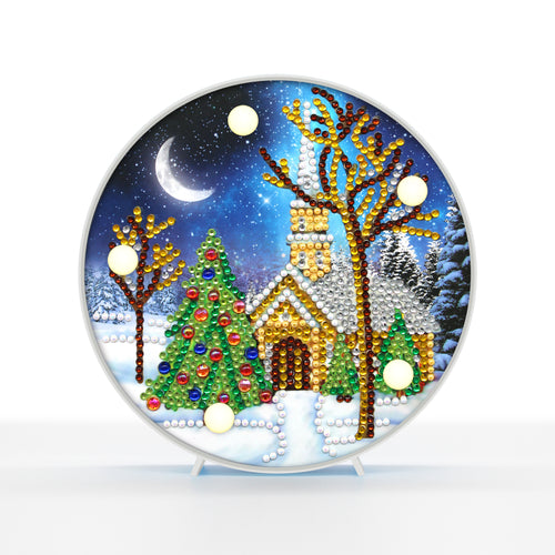 Diamond Painting Ronde Lampje - Kerstboom met Kerk
