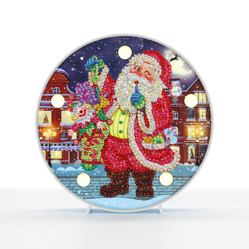 Diamond Painting Ronde Lampje - Kerstman met Speelgoed