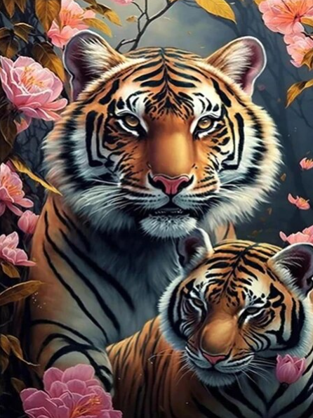 Diamond Painting - Tijger met Welp en Bloemen