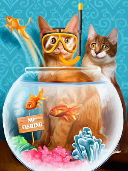 Diamond Painting - Duikende Kat in Vissenkom - Diamond Paradijs