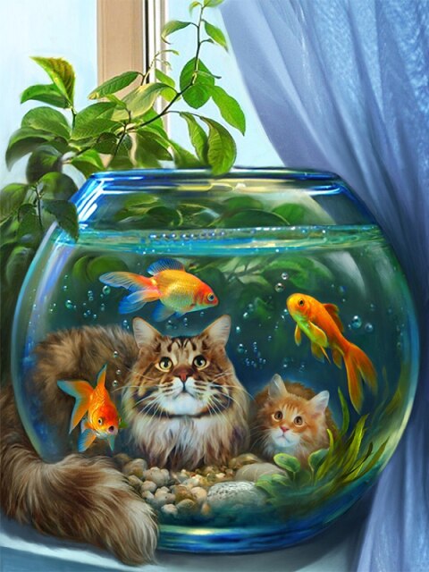 Diamond Painting - Katten kijkend naar Goudvissen - Diamond Paradijs