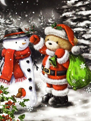 Diamond Painting - Kerstbeer met Sneeuwpop - Diamond Paradijs