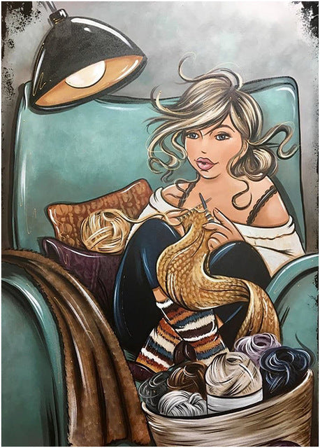 Diamond Painting - Mollige Dame aan het Breien - Diamond Paradijs 