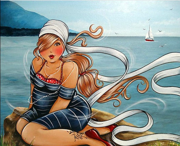 Diamond Painting - Mollige Dame bij de Zee - Diamond Paradijs