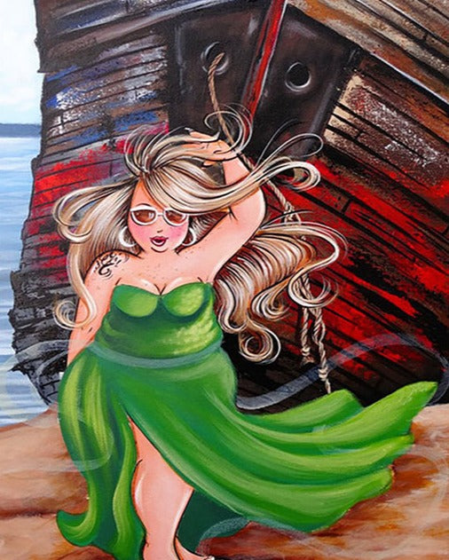 Diamond Painting - Mollige Dame voor het Schip - Diamond Paradijs