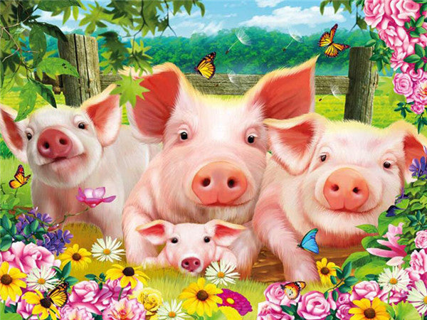 Diamond Painting - Varkens met Bloemen - Diamond Paradijs
